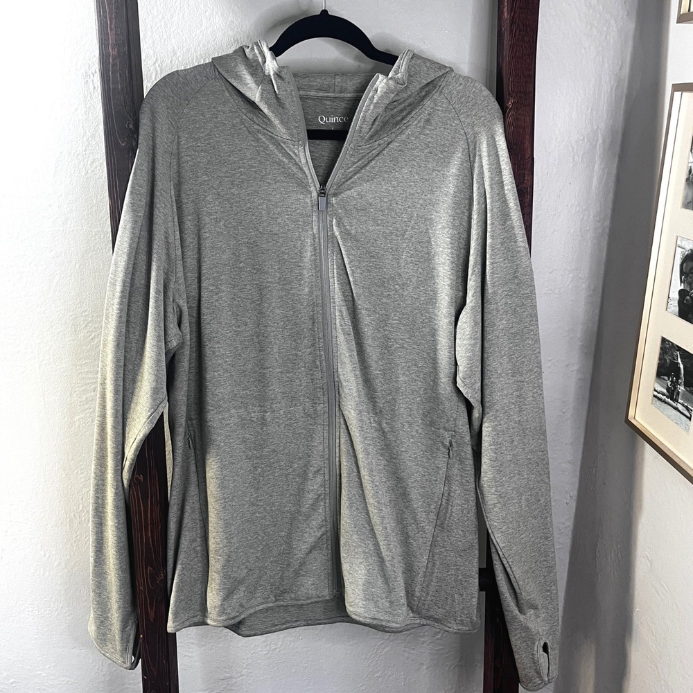 Quince Women Performance Full Zip Hoodie Heather Gray Thumbholes Size L Active
